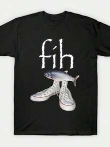 Men's Black Graphic T-Shirt And Sneakers Set - White Stylized 'fih' Text And Whimsical Fish Design, Relaxed Fit, Crew Neck, Surreal Streetwear Outfit For Casual Daily Wear, All-Season Comfort, Modern Fashion Set For Men, Outdoor Clothing W5XL - 黑色 - 查看 1