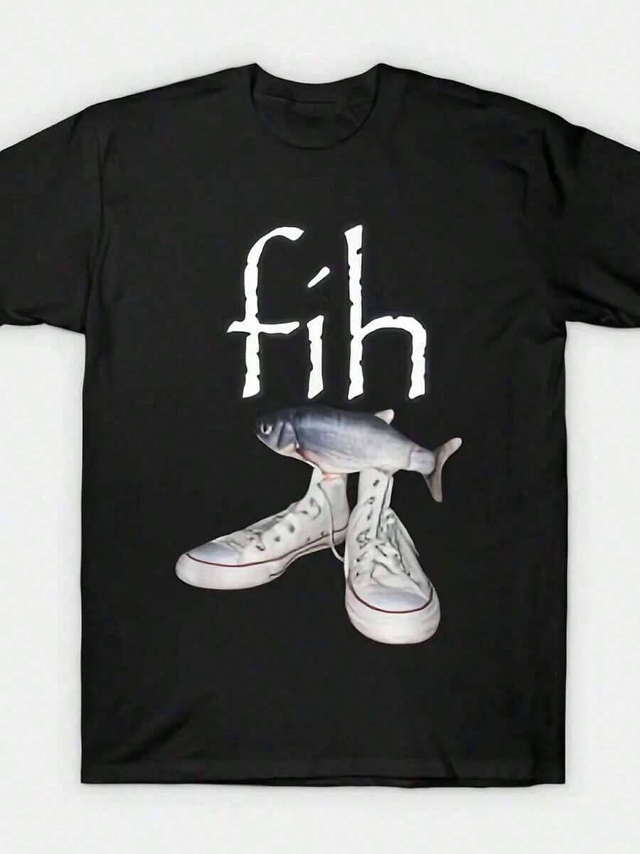 Men's Black Graphic T-Shirt And Sneakers Set - White Stylized 'fih' Text And Whimsical Fish Design, Relaxed Fit, Crew Neck, Surreal Streetwear Outfit For Casual Daily Wear, All-Season Comfort, Modern Fashion Set For Men, Outdoor Clothing W5XL - 黑色 - 查看 1
