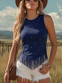 Top corto con flecos y tachuelas de estilo bohemio y western para festivales de música de verano, conciertos occidentales y raves europeas de verano para mujeres - Azul marino - Ver 5