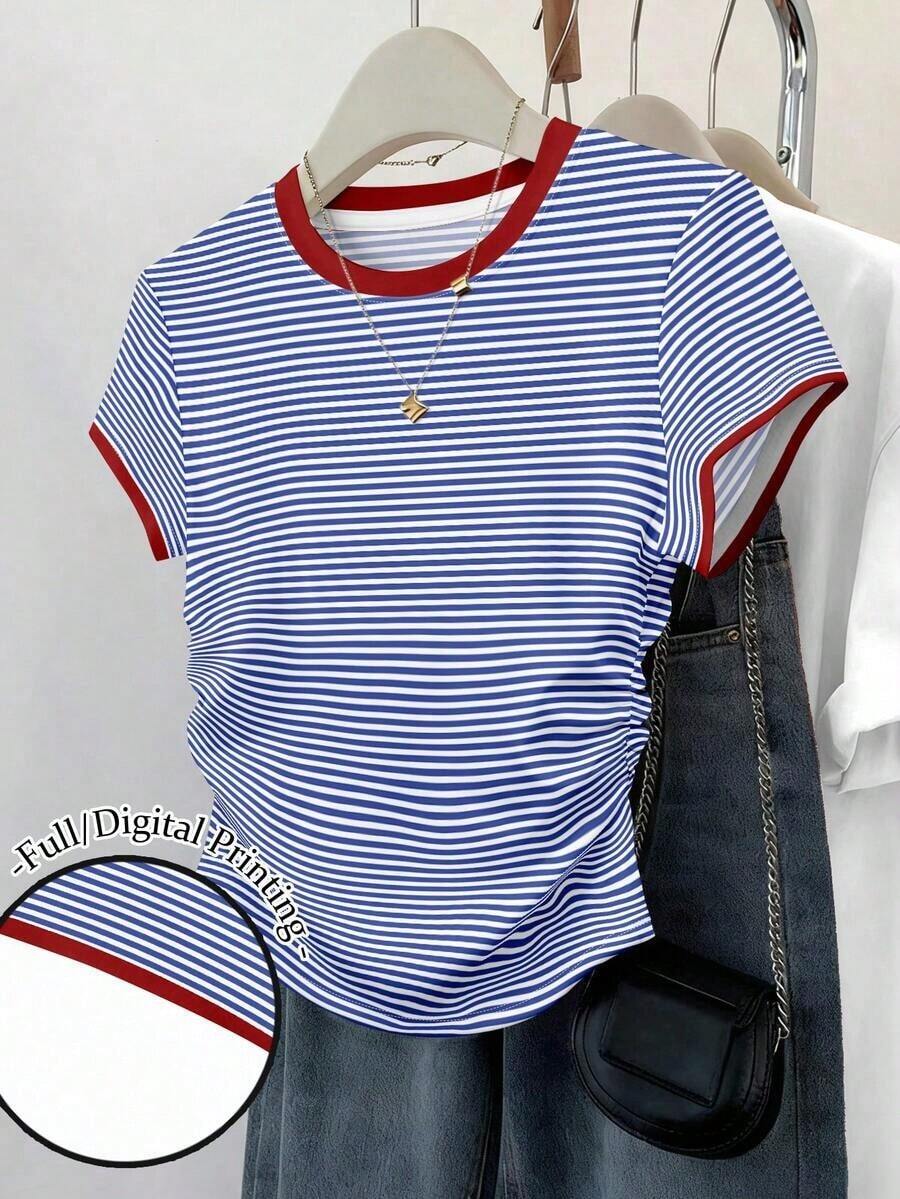 Camiseta de mujer con estampado gráfico de parches de cuadrícula de rayas multicolor en la cintura - Multicolor 2 - Ver 1