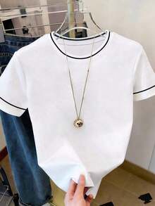 Camiseta de mujer de manga corta con cuello redondo y líneas de color contrastante - Multicolor 3 - Ver 4