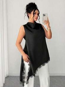 Blusa sin mangas con dobladillo de encaje para mujer de talla grande, elegante blusa larga de estilo vintage, versátil para el trabajo, graduación, vacaciones, San Valentín, festivales de música, Día de la Madre, Halloween, Acción de Gracias, Pascua, Día Nacional, bailes, citas, bodas, salidas, etc. - Negro - Ver 5