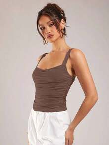 Camiseta de tirantes de unicolor minimalista para mujer - Marrón - Ver 6