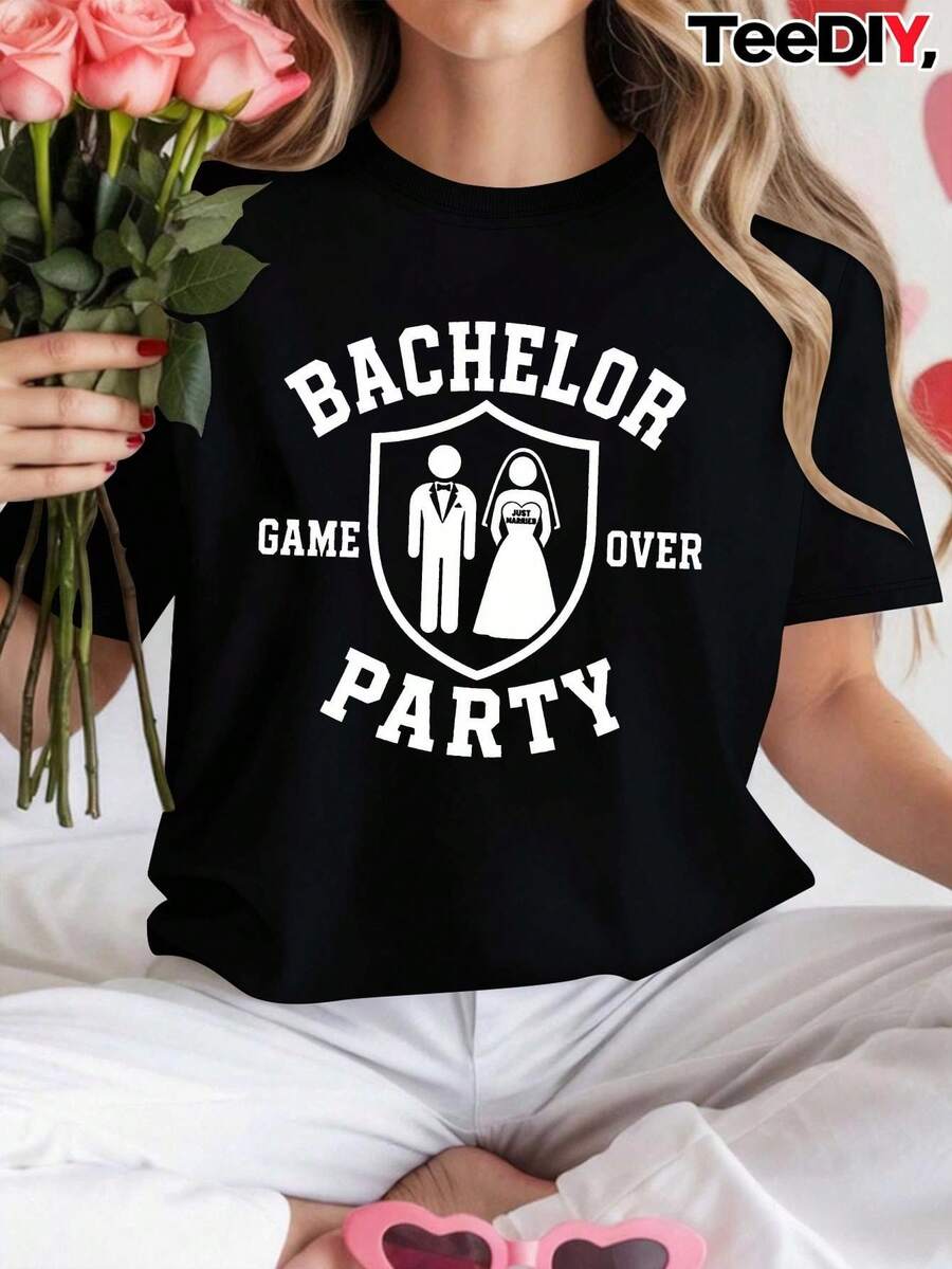 TEEDIY Women's 100% Short Sleeve T-Shirt - Round Neck Bachelorette Party T-Shirt, Casual Summer Beachwear And Bachelorette Party Outfits, Machine Washable, Suitable Gift For Beach Vacation, Daily Wear And Holidays. - 黑色 - 查看 1