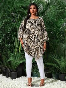 Blusa suelta y elegante de cuello redondo y manga 3/4 con acabado metálico sólido para mujer de talla grande.Atuendo de invierno térmico para Día de San Valentín, Año Nuevo y vacaciones, con estampado animal. - Multicolor 3 - Ver 5