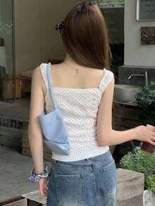 Blusa elegante sin mangas con lazo y lunares, estilo coreano para mujer - Gris - Ver 2