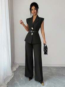Conjunto de blazer de unicolor con decoración de hebilla metálica y bolsillo falso + pantalones rectos de cintura alta y sueltos, estilo vintage francés elegante para oficina, viajes, negocios, casual, citas, primavera/verano - Negro - Ver 6