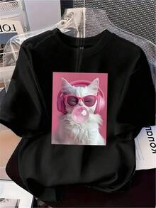 Camiseta negra informal de manga corta con cuello redondo para hombre,Camisetas Para Mujer Camiseta única Y2K con diseño de gato moderno usando gafas de sol y auriculares rosados, perfecta para amantes de las mascotas y la moda, ideal para dar un toque divertido a tu estilo diario. ¡Atrévete a lucirla y destaca en cualquier ocasión! - Negro - Ver 6