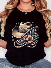 Camiseta de Mujer Retro con Estampado de Sombrero de Vaquero Floral - Camiseta Negra Estilo Occidental con Detalles de Cactus y Cuerda, Tejido Suave y Transpirable, Corte Cómodo de Manga Corta y Cuello Redondo, Lavable aáquina, Camiseta Casual de Verano - Negro - Ver 6