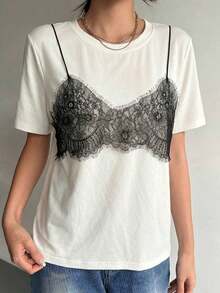 Camiseta de manga corta de verano de 2 en 1 con bloque de color y ribete de encaje para mujer - Blanco - Ver 1