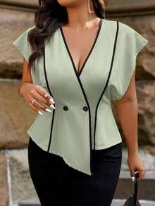 Camisa elegante de mujer talla grande con cuello en V, bajo asimétrico, diseño de rayas y parches, con encaje transparente en la parte delantera, adecuada para uso diario, oficina y citas, primavera/verano - verde menta - Ver 4