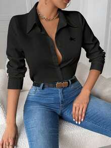 Blusa blanca casual con cuello y bolsillo, de manga larga ajustada para mujeres - Negro 2 - Ver 3