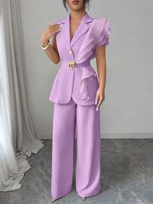 Traje formal elegante de mujer color albaricoque, conjunto de blazer con cuello de volantes de organza con lentejuelas y cintura con lazo, que incluye chaqueta sin mangas y pantalones rectos, color burdeos, adecuado para Halloween, Navidad, - Morado - Ver 6