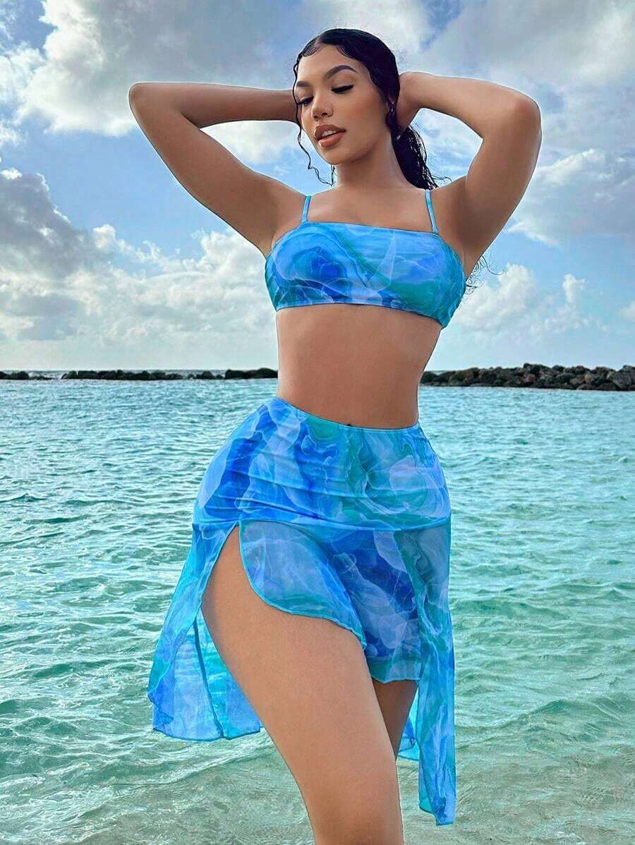 Swim Conjunto de bikini de patrón de teñido anudado para verano en la playa con falda de baño para carnaval - Multicolor - Ver 1