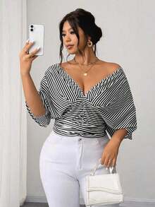 Vestido tipo camisa sin mangas a rayas azul de talla grande, cintura entallada, versátil y elegante - Blanco y Negro - Ver 8