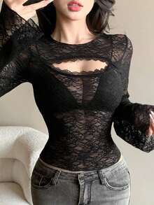 Camiseta corta de mujer de manga corta ajustada con diseño calado, para verano - Negro 3 - Ver 2