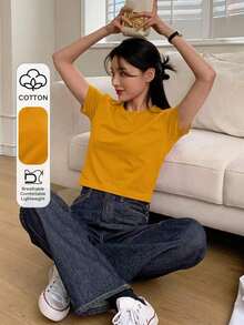 Camiseta de manga corta de unicolor para dama, ideal para verano - Amarillo - Ver 1