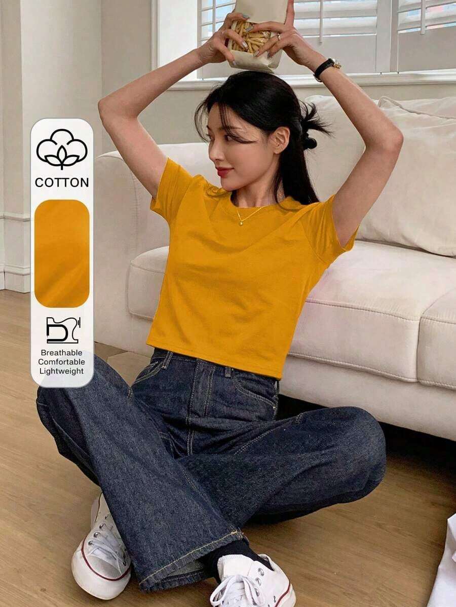 Camiseta de manga corta de unicolor para dama, ideal para verano - Amarillo - Ver 1
