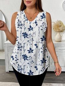 Blusa sin mangas con cuello en V y estampado floral para mujer talla grande, Camisa casual con cuello en V y estampado floral para mujer talla grande - Multicolor 2 - Ver 3