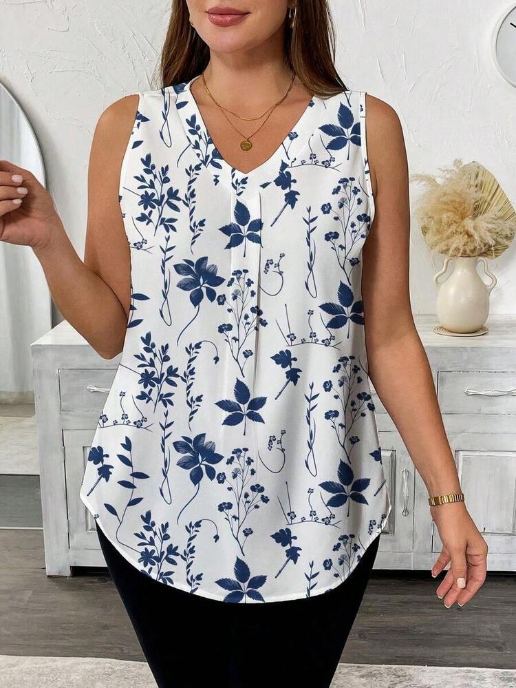 Blusa sin mangas con cuello en V y estampado floral para mujer talla grande, Camisa casual con cuello en V y estampado floral para mujer talla grande - Multicolor 2 - Añade 3