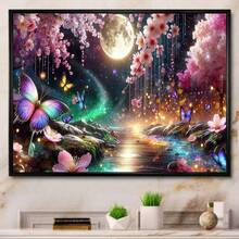 一套DIY钻石画套装 - 梦幻夜景，花朵、蝴蝶和月亮，圆形钻石马赛克艺术品，适合初学者，家居墙面装饰，独特礼物，不含画框 - 無框 - 查看 3