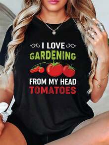Simple And Versatile Design, A Play On Words, A Lighthearted Take On Life. Women's Casual Cotton T-Shirt With A Round Neck, Perfect For Spring/Summer, Featuring The Print "I LOVE GARDENING FROM MY HEAD TOMATOES". - 黑色 - 查看 7