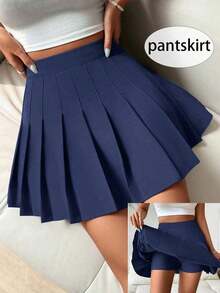 Falda pantalón casual de talle alto con pliegues y rayas para mujer - Azul marino - Ver 8
