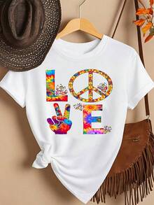 Women's Short Sleeve Cotton Crew Neck T-Shirt - Peace Symbol, Love - Fashionable Printed T-Shirt For Spring/Summer, Your Best Choice! Simple T-Shirt For Everyday Wear - 白色 - 查看 1