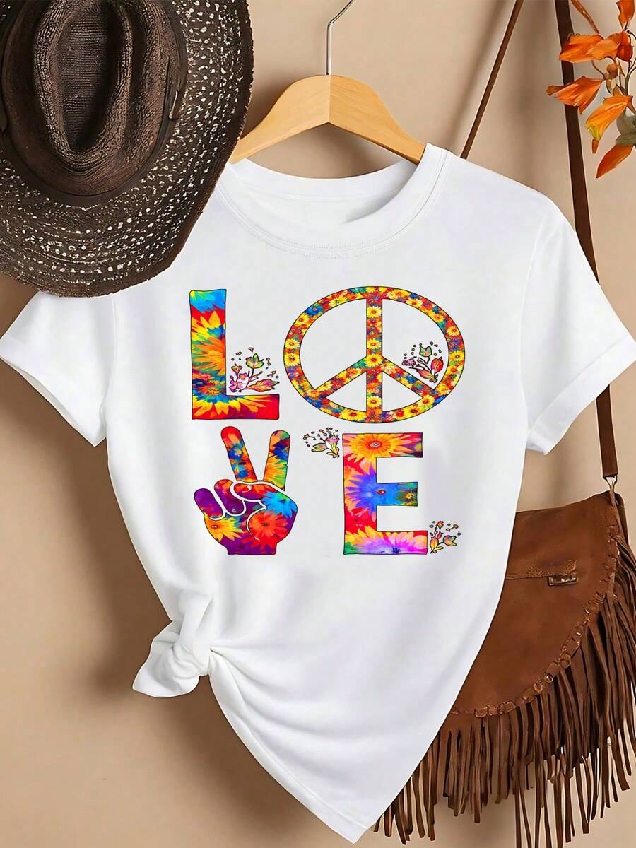 Women's Short Sleeve Cotton Crew Neck T-Shirt - Peace Symbol, Love - Fashionable Printed T-Shirt For Spring/Summer, Your Best Choice! Simple T-Shirt For Everyday Wear - 白色 - 查看 1
