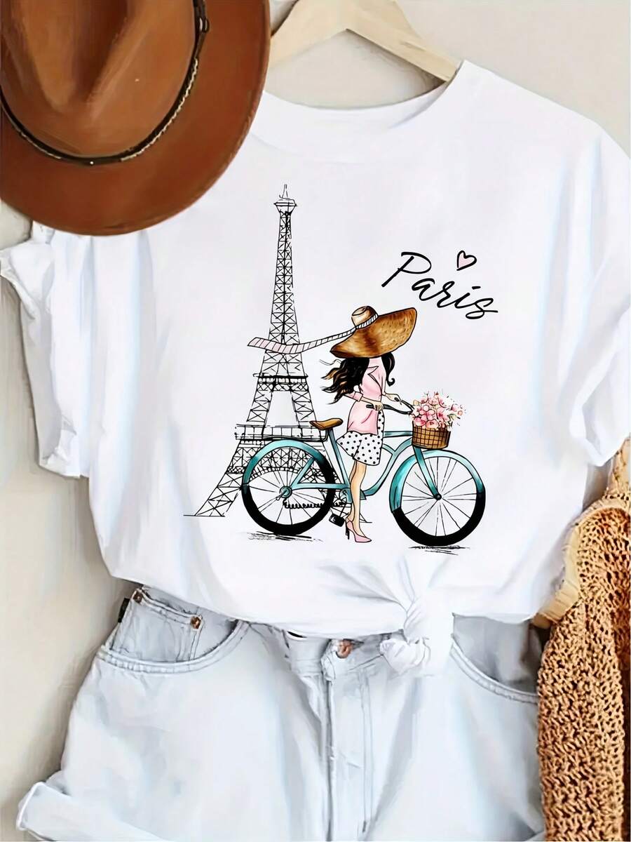 1 Casual White Printed T-Shirt, With A Summery Paris-Themed Design Featuring The Eiffel Tower And Bicycles, Perfect For Spring And Summer. 180g 100% Cotton. - 白色 - 查看 1