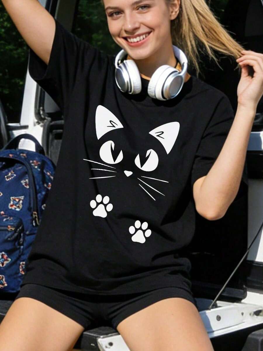 Camiseta de Verano Casual para Mujer, de Cuello Redondo y Manga Corta, Suave al Tacto ‌ Lindo Gato, Tops para Salir, Rey del Pop Halfton, Estilo Urbano Europeo y Americano, Casual Deportivo, Estilo Unisex, Estilo Casual Urbano, Tops Bonitos, Generación Z, Curvas, Ropa Y2K, Camisetas Divertidas, Tops para Damas, Conjuntos de Vacaciones para Mujeres, Top Bonito, Camiseta Gráfica, Conjuntos de Primavera, Camisetas Holgadas, Ropa Urbana Retro, Estilo de los 90, Estilo de los 2000, Subcultura, Top Negro, Tops Blancos, Conjunto de Fiesta de los 90. - Negro - Ver 1