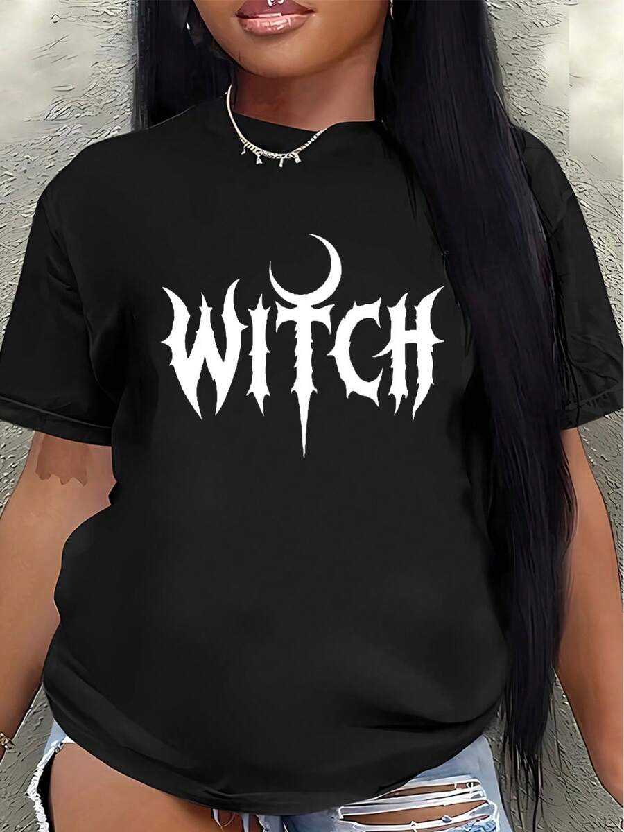 Camiseta de manga corta de poliéster con estampado de estilo gótico para mujer, ligera y duradera, adecuada para uso casual, conciertos y en casa, con diseño de patrón en la tela.women's shirts - Negro - Ver 1
