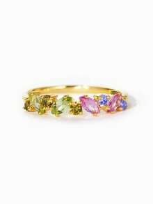 BALMORA 1pc Luxury Retro S925 Sterling Silver Inlaid Colorful Zirconia Ring, Suitable For Daily Wear, Parties, Commuting, Music Festivals, Formal Occasions - Gold - View 5