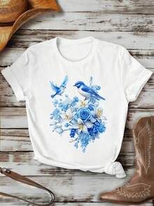 SimpieAndVersatileDesignCamiseta de mujer BlueBird con estampado floral, ideal para oto?o. Tejido de primera calidad, estampado llamativo, estilo casual y transpirable.CottonT-Shirt - Blanco - Ver 1