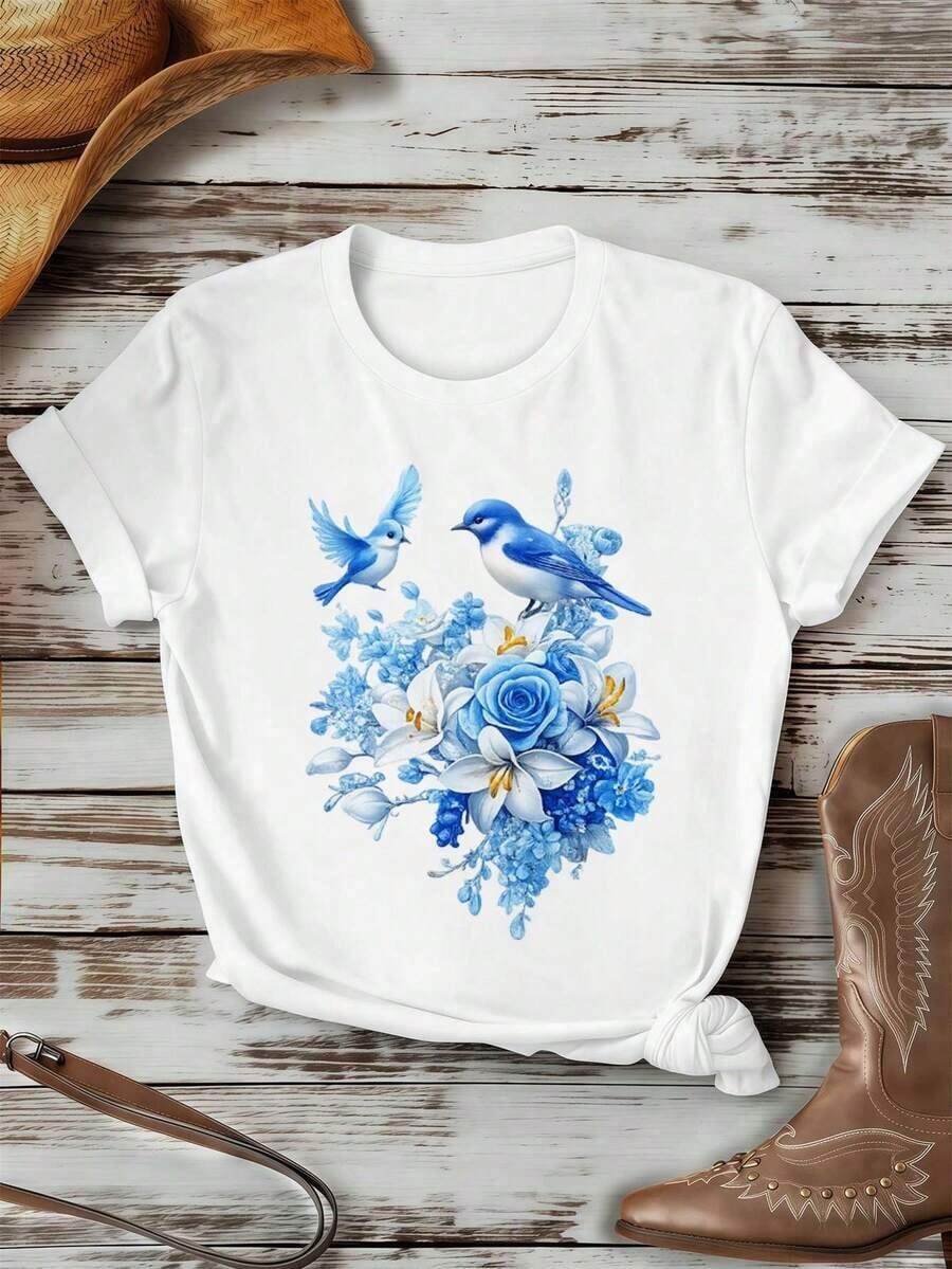 SimpieAndVersatileDesignCamiseta de mujer BlueBird con estampado floral, ideal para oto?o. Tejido de primera calidad, estampado llamativo, estilo casual y transpirable.CottonT-Shirt - Blanco - Ver 1