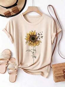 Women's Short-Sleeve Printed T-Shirt For Summer, Polyester Fabric, Multifunctional Style, Regular Fit, Weight 180 Grams, 1 Unit. 100% Cotton - 杏 - 查看 1