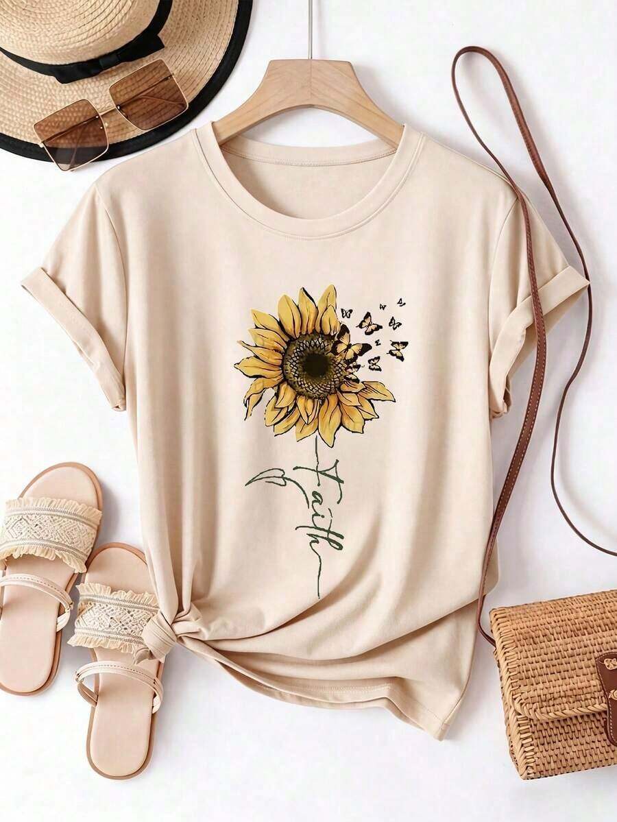 Women's Short-Sleeve Printed T-Shirt For Summer, Polyester Fabric, Multifunctional Style, Regular Fit, Weight 180 Grams, 1 Unit. 100% Cotton - 杏 - 查看 1
