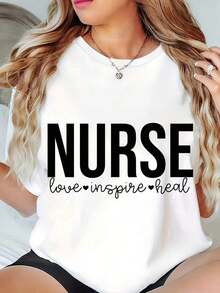 Regalo: 1 camiseta blanca para mujer con estampado "Nurse Love Inspire Heal", cuello redondo, camiseta casual de algodón, tejido de punto de elasticidad media, corte regular para damas, ideal para primavera/verano/otoño, suave. - Blanco - Ver 1