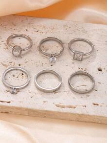 6pcs Elegant Stainless Steel Silver Rings Set For Women, Containing Cubic Zirconia Elements, Suitable For Daily Wear And Festive Accessories - Silver - View 3