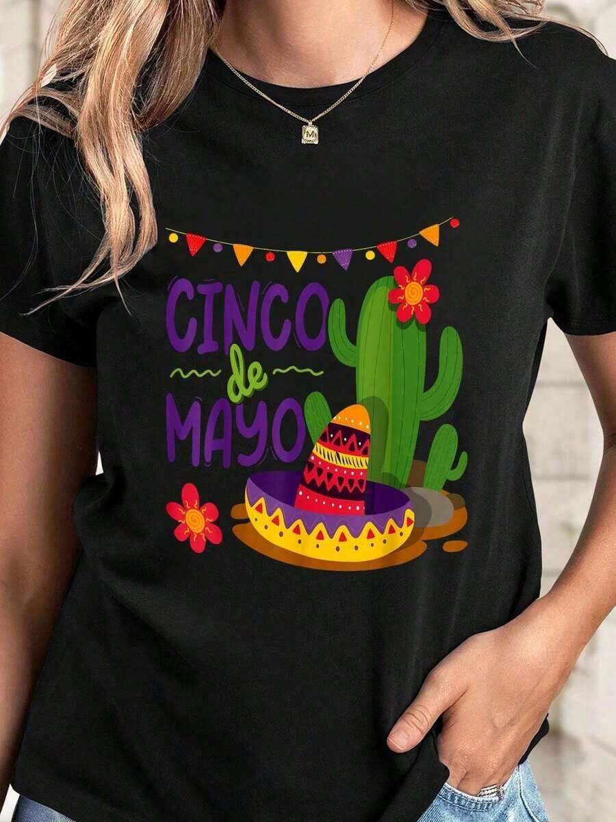 Camiseta Casual Cinco De Mayo Feliz Cinco De Mayo Viva México 5 De Mayo, Camiseta de Manga Corta con Estampado Gráfico Casual y Cuello Redondo, Top de Verano Fashion - Negro - Ver 1