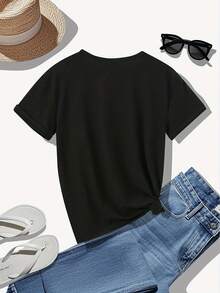 Cozy Comfy Lounge Women's T-Shirt With Spanish Religious Theme – Slogan "Love Is Knowing God", Butterfly Print, Round Neck, Short Sleeve, Regular Fit, H-Shaped Shirt Design, Suitable For Church, Casual Occasions And Spring/Summer Wear (Machine Washable) Soft And Relaxed Home Wear. - 黑色 - 查看 2