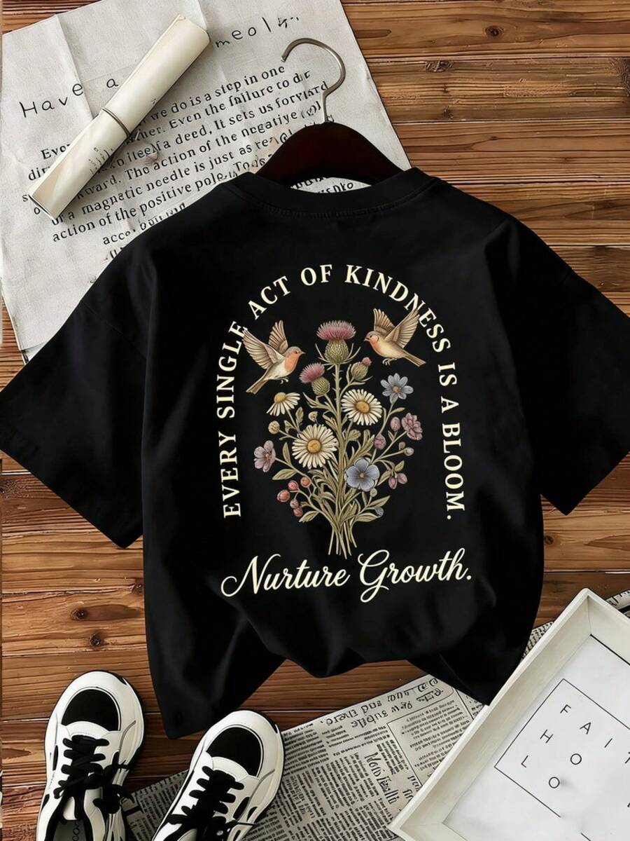 Ropa deportiva casual de una pieza para mujer, cada buena acción florece y fomenta el crecimiento, camiseta estampada para uso diario, ropa elegante para mujer, estilo: cuello redondo, manga corta, corte holgado, un regalo para usted misma/familia/amante/amigos, top de algodón transpirable, ropa casual de gimnasio que absorbe la humedad. - Negro - Ver 1