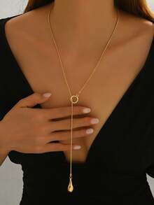 1pc Women's Minimalist Y-Shaped Necklace, Fashion Creative Geometric Waterdrop Pendant, Round Snake Metal Chain, Adjustable Long Necklace, Sweater Chain, Versatile Daily Accessory - Golden - View 4