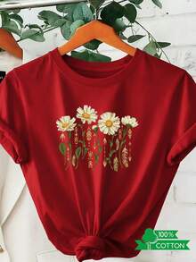 1 camiseta de mujer con cuello redondo, estampado de letras y anime, de diseño sencillo, cómoda y transpirable, adecuada para uso casual diario y versátil, que muestra un estilo natural y elegante, imprescindible para fiestas de verano, envío local. Diseño de tallo y hoja de margarita, 180g, 100% algodón. - Blanco - Ver 8