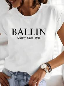 100% algodón. Desde 1946, camisetas de calidad Ballin, camiseta clásica de manga corta con cuello redondo y estampado de letras, estilo vintage. Camiseta de mujer de color sólido simple, corte holgado y ajustado, manga corta informal. - Blanco - Ver 2
