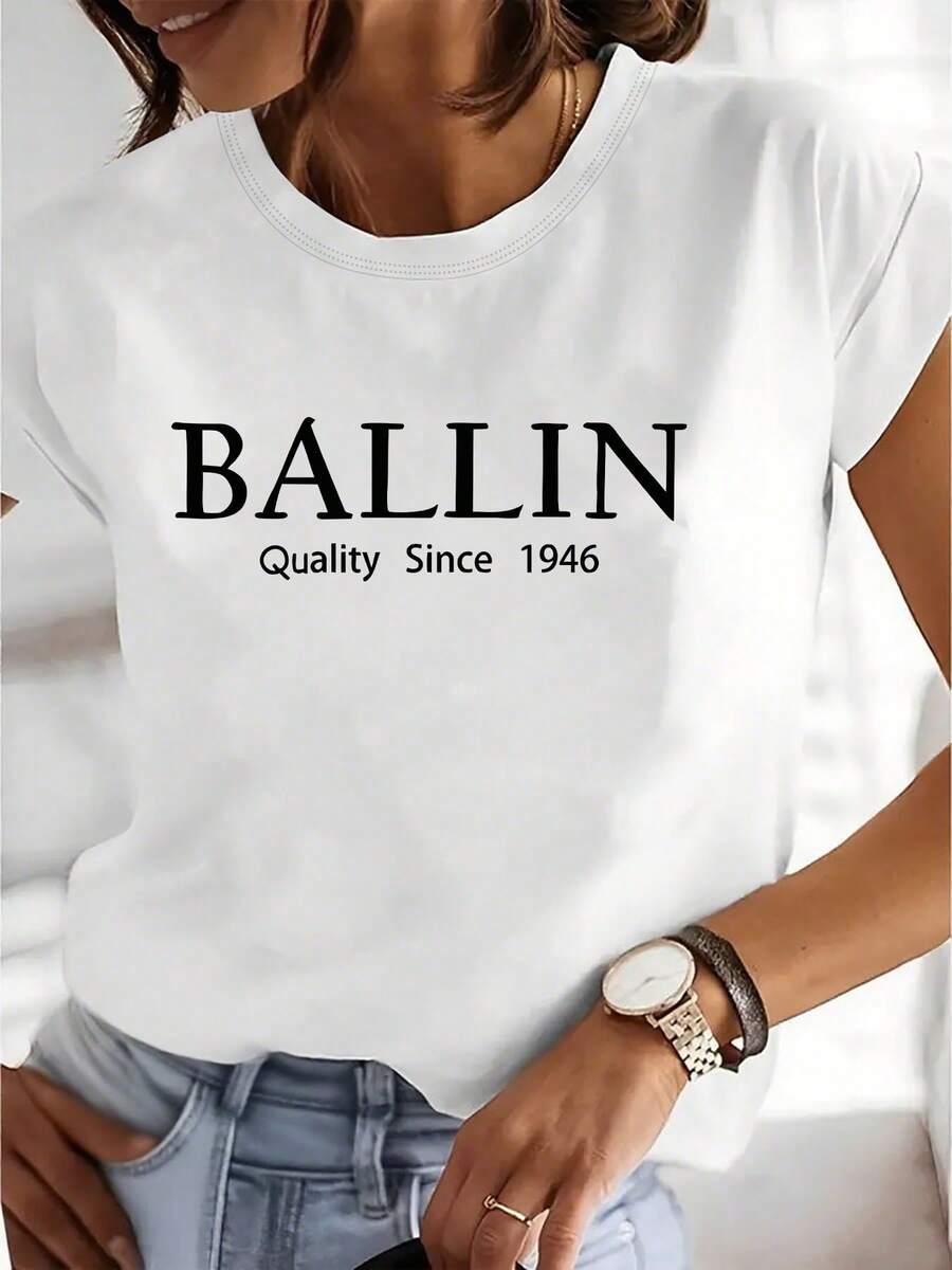 100% algodón. Desde 1946, camisetas de calidad Ballin, camiseta clásica de manga corta con cuello redondo y estampado de letras, estilo vintage. Camiseta de mujer de color sólido simple, corte holgado y ajustado, manga corta informal.