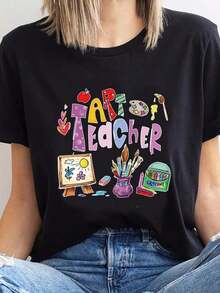 Camiseta con Estampado de Profesor de Arte, Manga Corta, Cuello Redondo, Top Casual para Verano y Primavera, Ropa de Mujer, Talla 220 - Negro - Ver 6