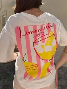 Camiseta Gráfica Casual de Corte Holgado para Mujer "Limoncello Spritz", Transpirable y Cómoda, Manga Corta, Cuello Redondo, Rayas Rosadas y Estampado de Limones, Algodón Suave, Perfecta para Uso Diario y Estilo Urbano de Verano - Blanco - Ver 3