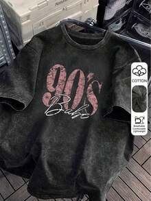 1 Piece Women's Plus Size 80s Retro Graphic T-Shirt - Loose Fit, Large Letter Print, Casual, Short Sleeve, Crew Neck, Machine Washable, Comfortable, Relaxed Fit, Fun Design, Cotton Fabric, Suitable For Daily Wear, Urban Retro Style, Black, Summer, 180g, 100% Cotton - 黑色 - 查看 6