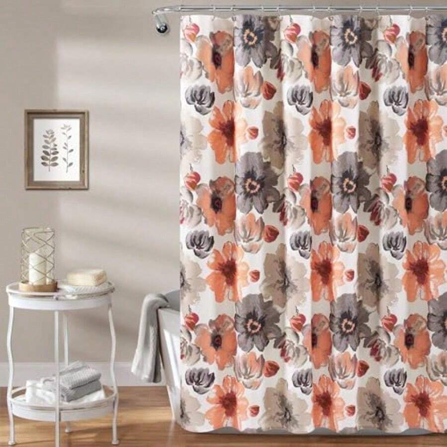 Decor - Cortina de Ducha Floral de Leah 72 Pulgadas de Ancho x 72 Pulgadas de Largo Coral y Gris Cortinas de Ducha de Tela Cortina de baño botánica de Acuarela decoración de Granja y Campo 7596821 - Coral - Ver 1